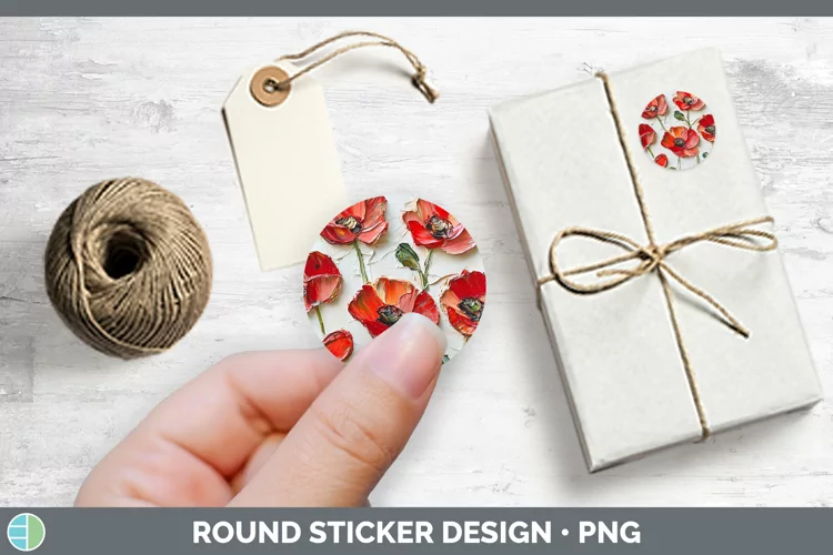 3D Flowers Poppy Stickers | Round Labels Designs