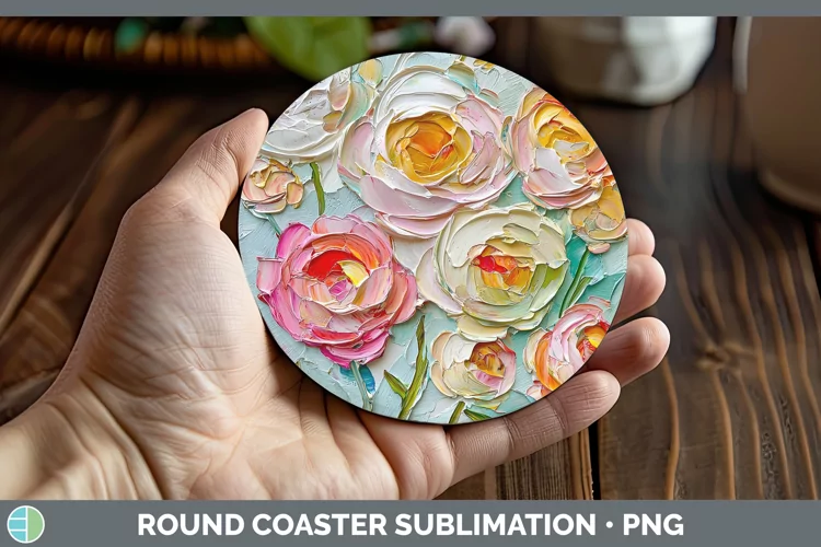 3D Flowers Ranunculus Round Coaster Sublimation Coaster Desi