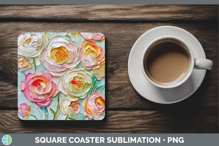 3D Flowers Ranunculus Square Coaster Sublimation Coaster Des