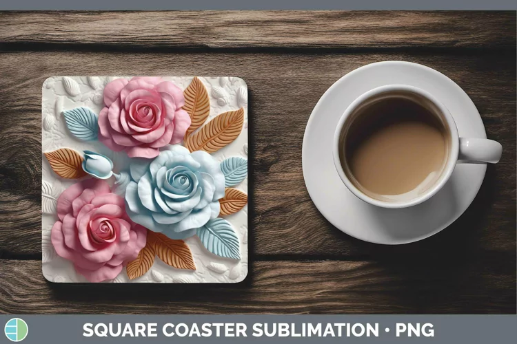 3D Flowers Rose Square Coaster Sublimation Coaster Designs