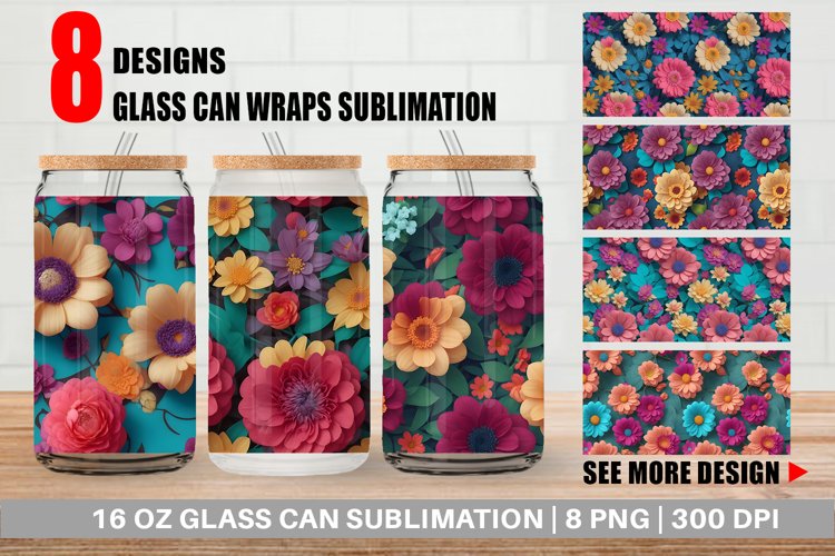 Glass Can Wraps 3D Flowers Pattern