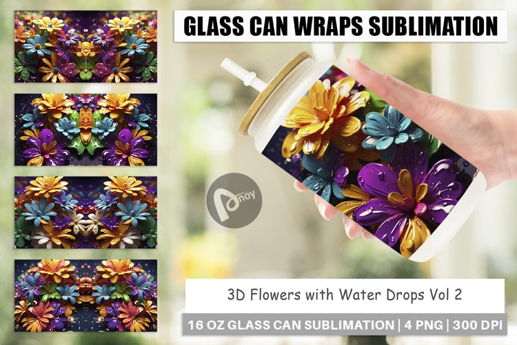 Glass Can Wraps 3D Flowers with Waterdrop
