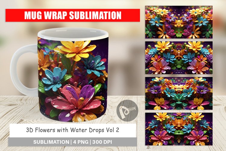 Mug sublimation design 3D Flowers with Waterdrop