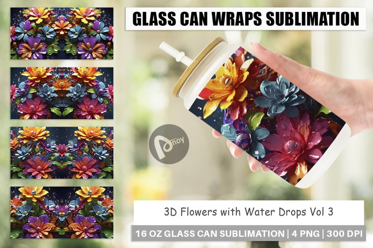 Glass Can Wraps 3D Flowers with Waterdrop