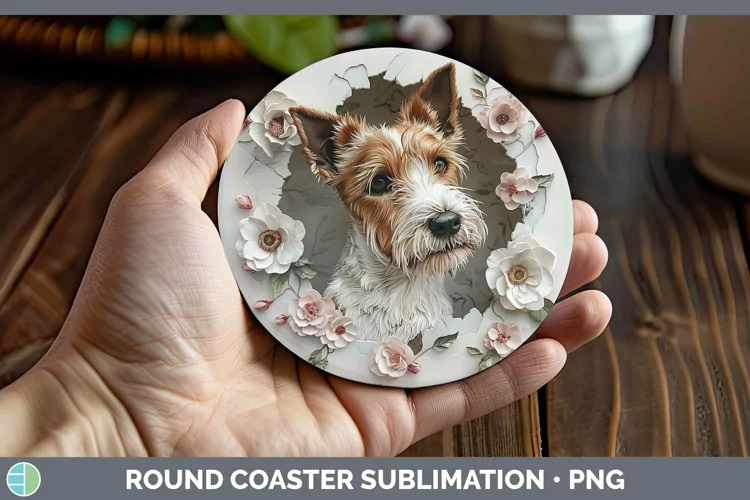 3D Fox Terrier Dog Round Coaster | Sublimation Coaster Desig