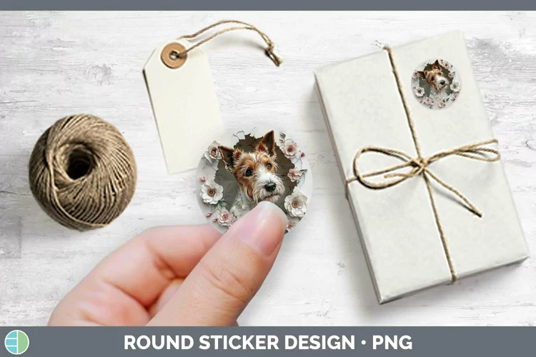 3D Fox Terrier Dog Stickers | Round Labels Designs