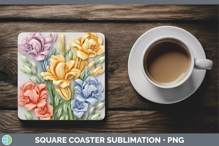 3D Freesia Square Coaster | Sublimation Coaster Designs