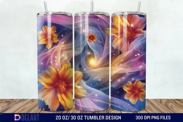 3d Galaxy Cartoon Floral Flower Tumbler Wrap