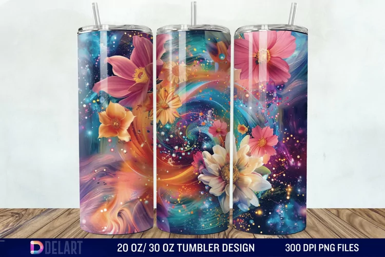 3d Galaxy Cartoon Floral Flower Tumbler Wrap