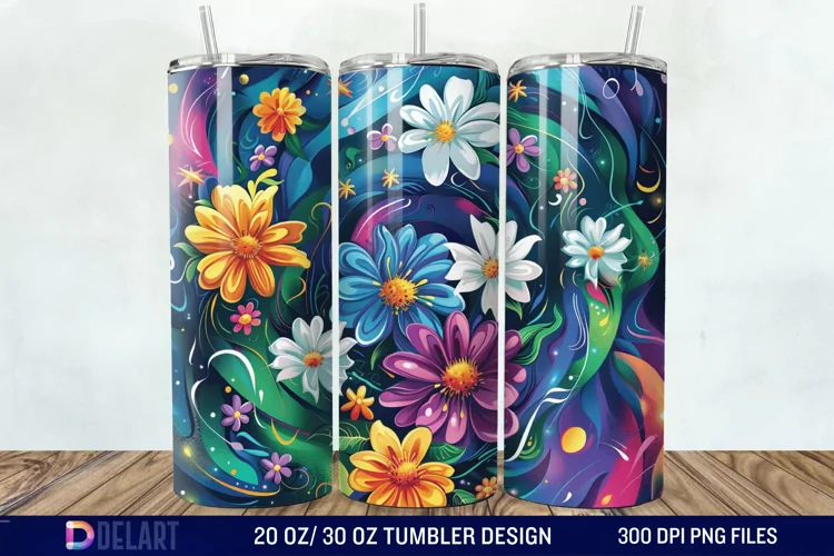 3d Galaxy Cartoon Floral Flower Tumbler Wrap