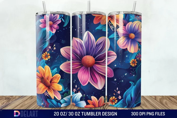 3d Galaxy Cartoon Floral Flower Tumbler Wrap