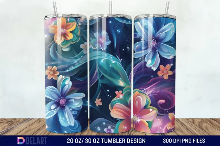 3d Galaxy Cartoon Floral Flower Tumbler Wrap