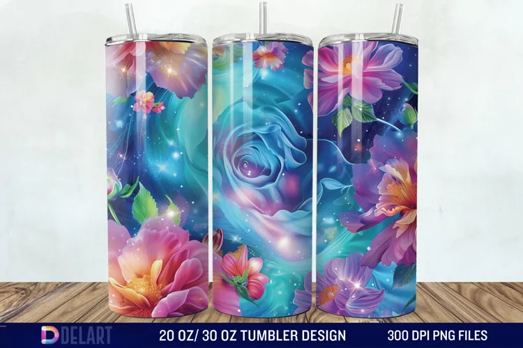 3d Galaxy Cartoon Floral Flower Tumbler Wrap