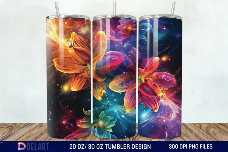 3d Galaxy Cartoon Floral Flower Tumbler Wrap
