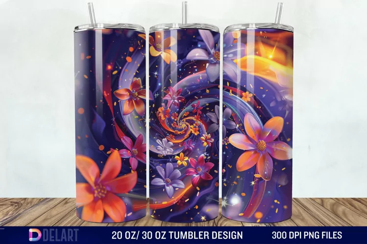 3d Galaxy Cartoon Floral Flower Tumbler Wrap