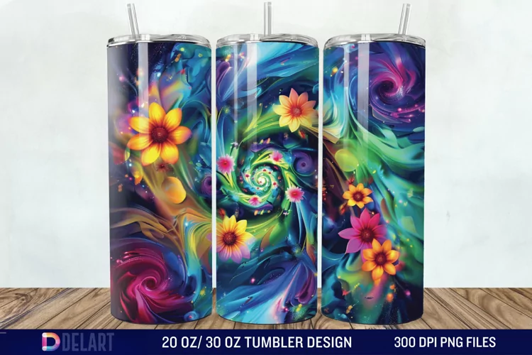 3d Galaxy Cartoon Floral Flower Tumbler Wrap