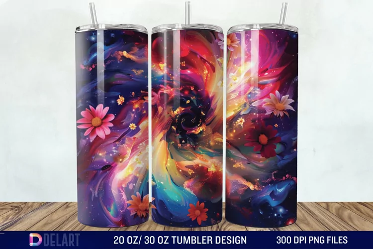 3d Galaxy Cartoon Floral Flower Tumbler Wrap