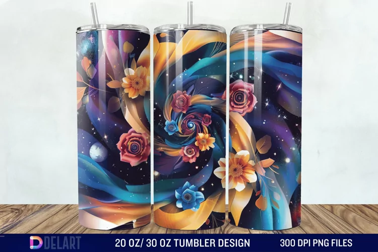 3d Galaxy Cartoon Floral Flower Tumbler Wrap