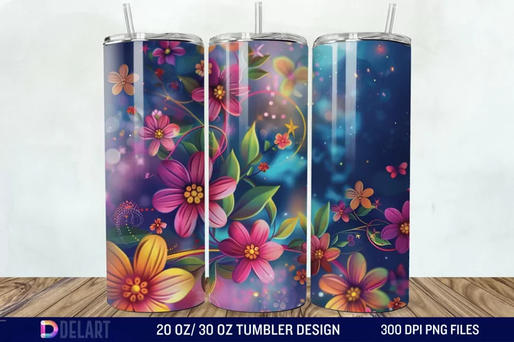 3d Galaxy Cartoon Floral Flower Tumbler Wrap