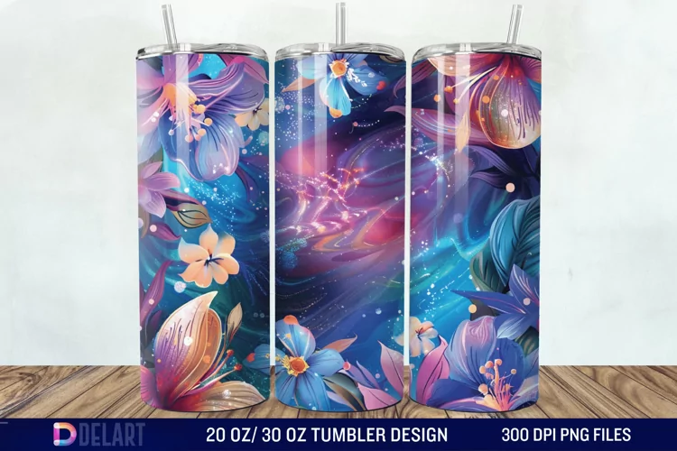 3d Galaxy Cartoon Floral Flower Tumbler Wrap