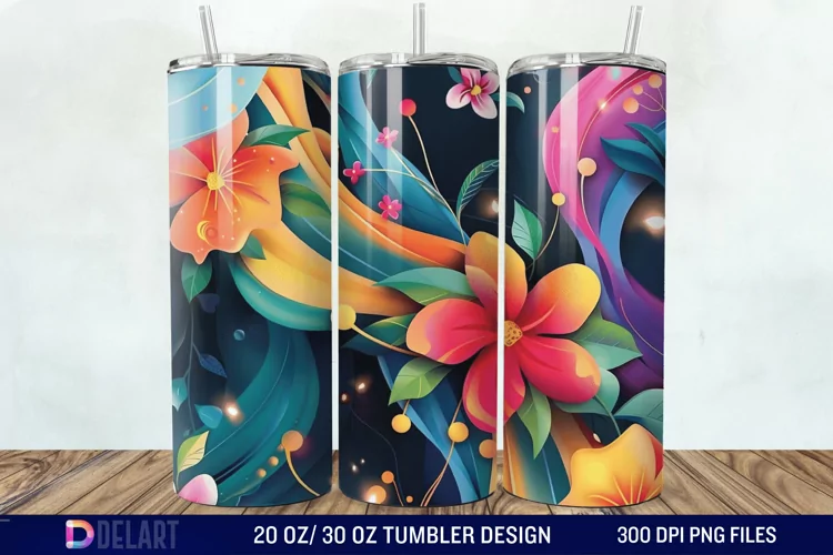 3d Galaxy Cartoon Floral Flower Tumbler Wrap