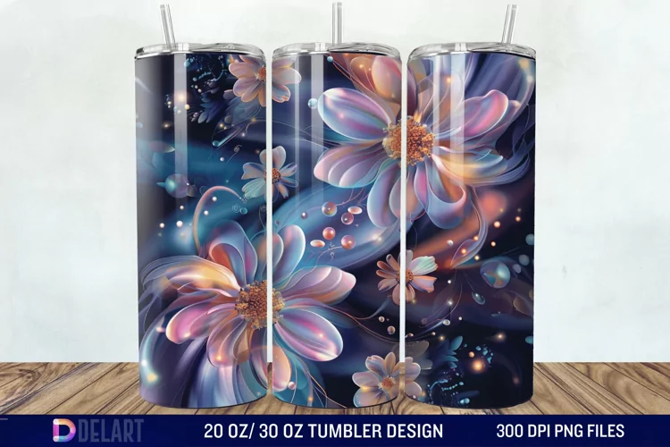 3d Galaxy Cartoon Floral Flower Tumbler Wrap