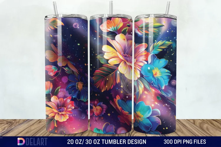 3d Galaxy Cartoon Floral Flower Tumbler Wrap