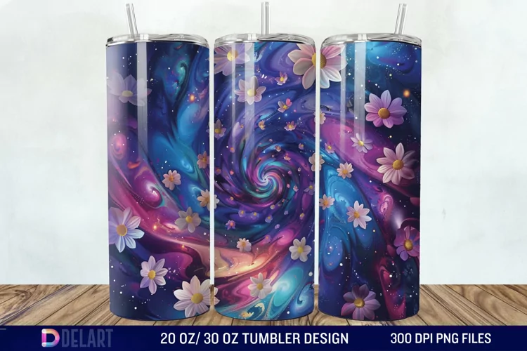 3d Galaxy Cartoon Floral Flower Tumbler Wrap