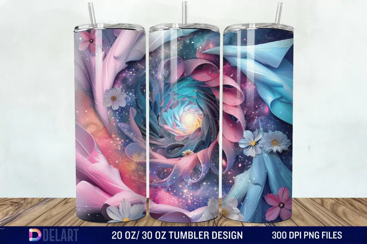 3d Galaxy Cartoon Floral Flower Tumbler Wrap