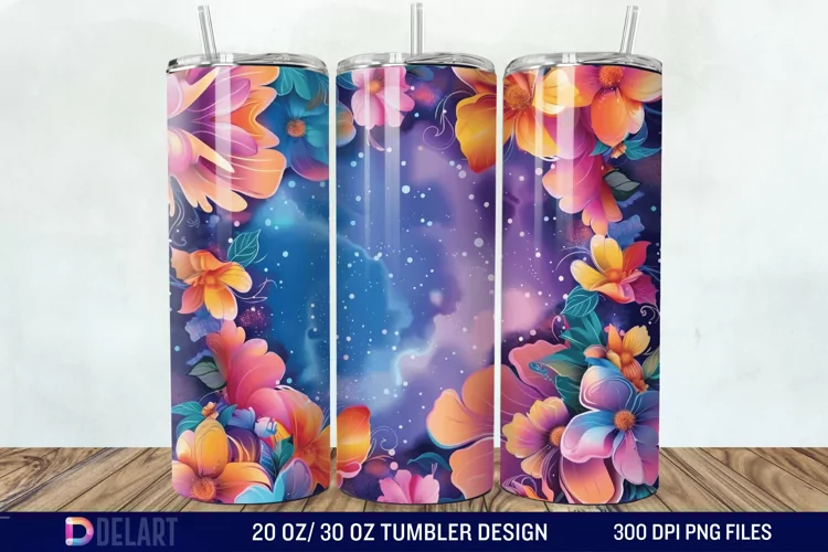 3d Galaxy Cartoon Floral Flower Tumbler Wrap