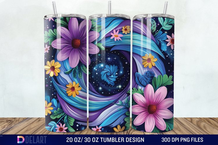 3d Galaxy Cartoon Floral Flower Tumbler Wrap example image 1