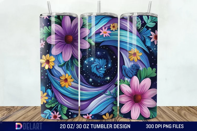 3d Galaxy Cartoon Floral Flower Tumbler Wrap