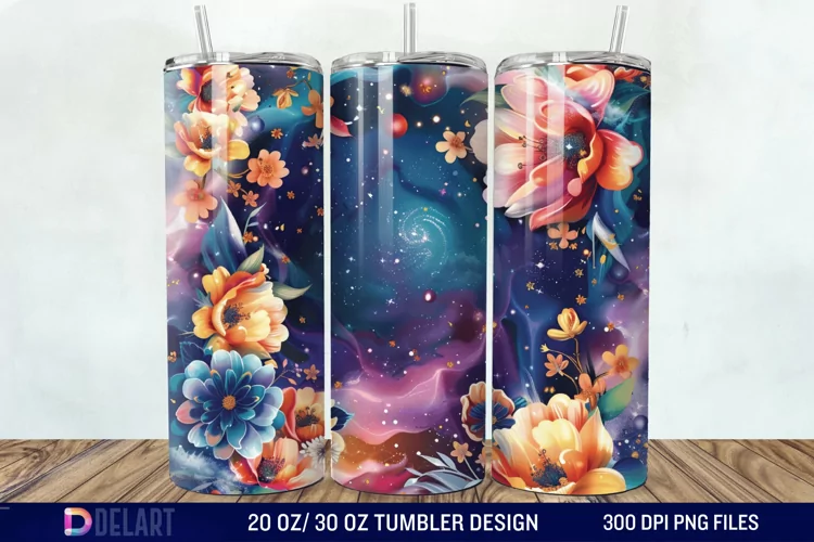 3d Galaxy Cartoon Floral Flower Tumbler Wrap