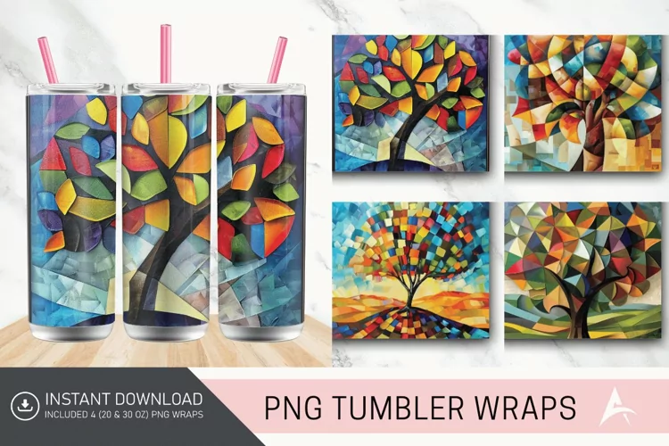 3D Geometric tree Abstract Oil Painting Tumbler wrap