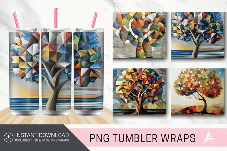 3D Geometric tree Abstract Oil Painting Tumbler wrap