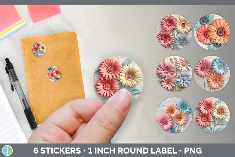 3D Gerbera Daisy Flowers Stickers | Round Labels Designs Bun
