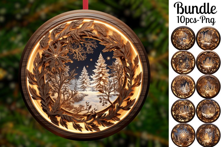 3D Glow Christmas Round Ornaments Png Sublimation Bundle