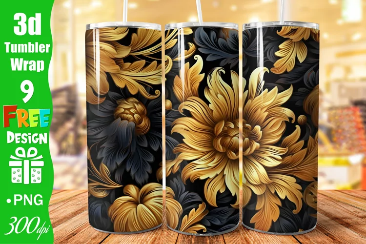 3D Gold Black Floral Botanical Seamless 20 oz Skinny Tumbler