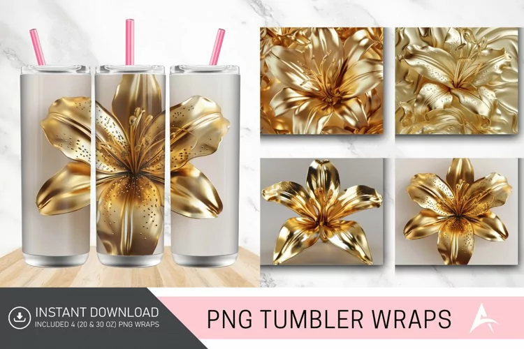 3D Gold Floral Lilly Tumbler wrap