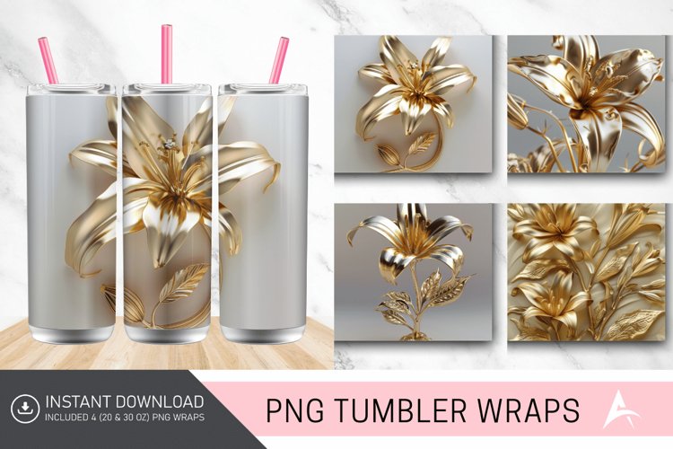3D Gold Floral Lilly Tumbler wrap example image 1
