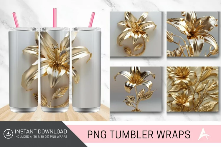 3D Gold Floral Lilly Tumbler wrap