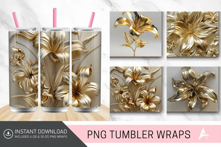 3D Gold Floral Lilly Tumbler wrap