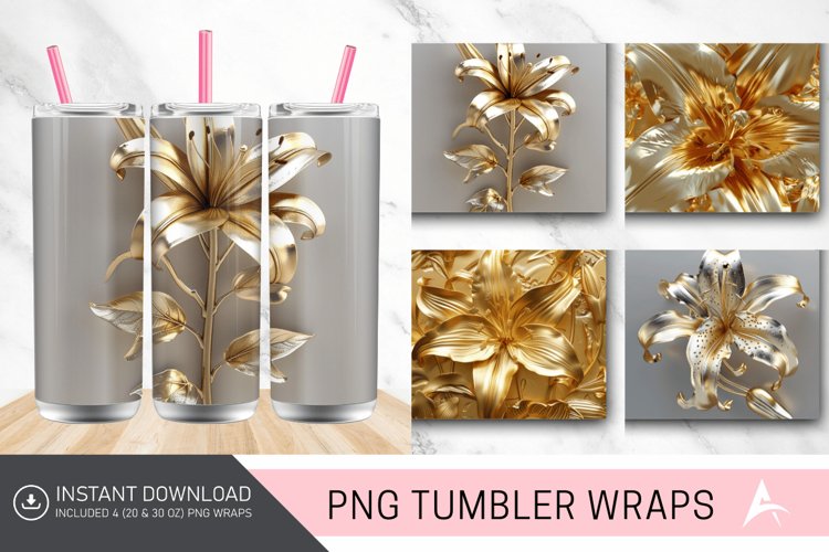 3D Gold Floral Lilly Tumbler wrap example image 1