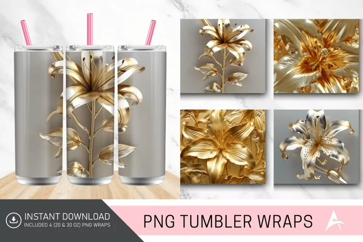 3D Gold Floral Lilly Tumbler wrap