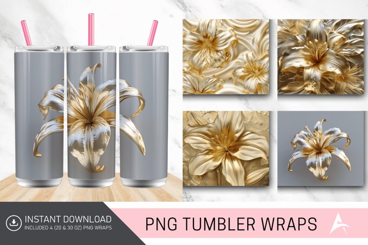 3D Gold Floral Lilly Tumbler wrap example image 1