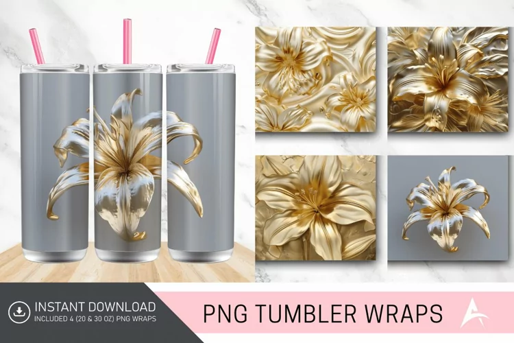 3D Gold Floral Lilly Tumbler wrap