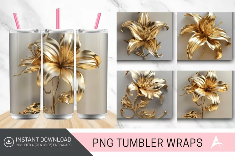 3D Gold Floral Lilly Tumbler wrap