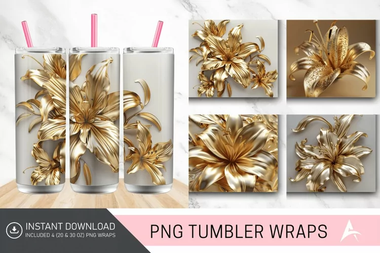 3D Gold Floral Lilly Tumbler wrap