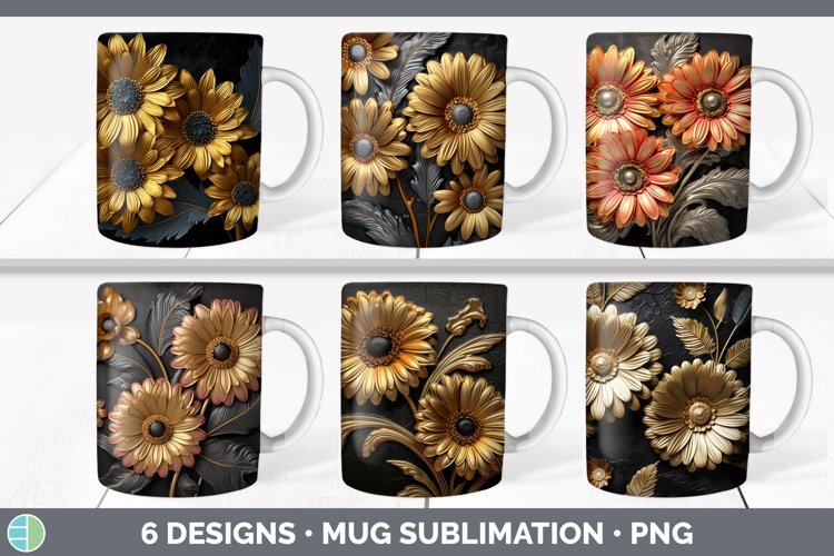 Bundle of six Black and Gold Gerbera Daisys Mug Wrap designs.