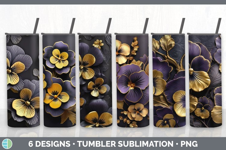 3D Gold Pansy Flowers Tumbler | Sublimation 20 oz Skinny Tum